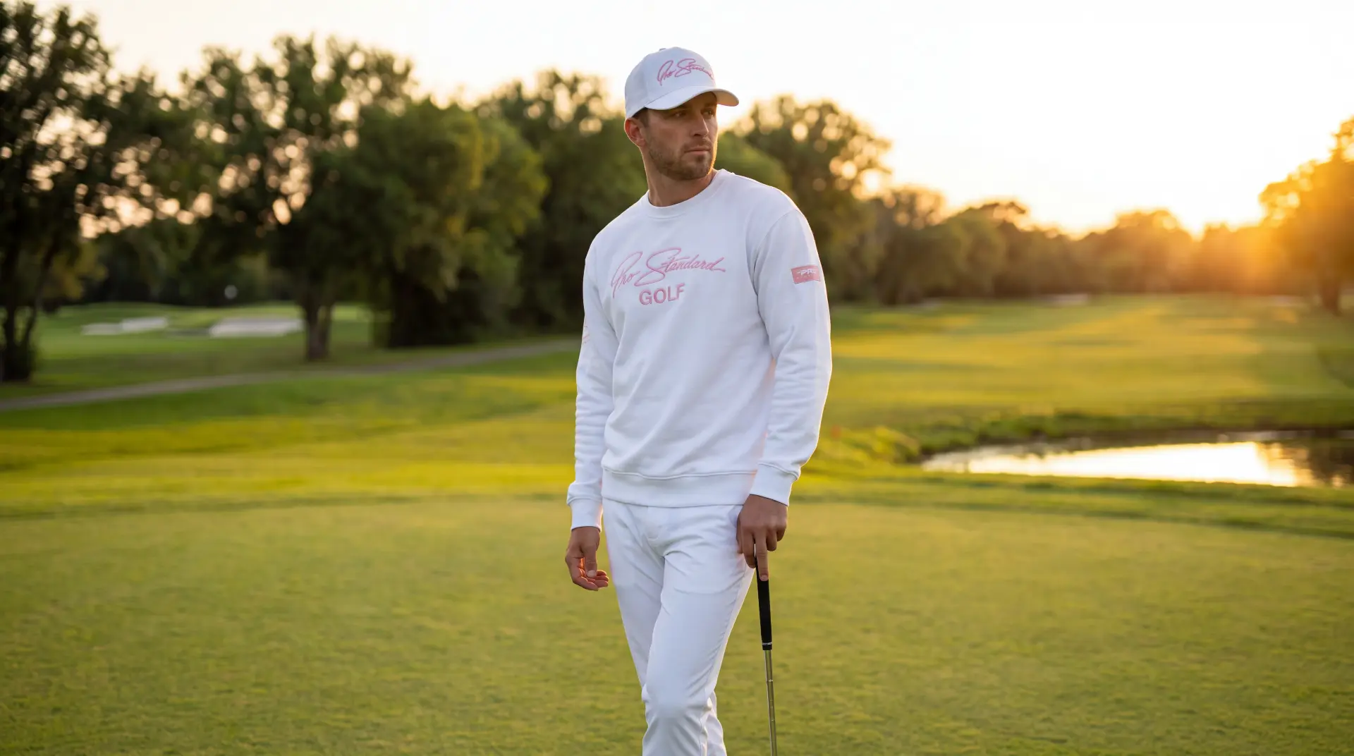 Model in the white Pro Standard Golf crewneck and pants at sunset
