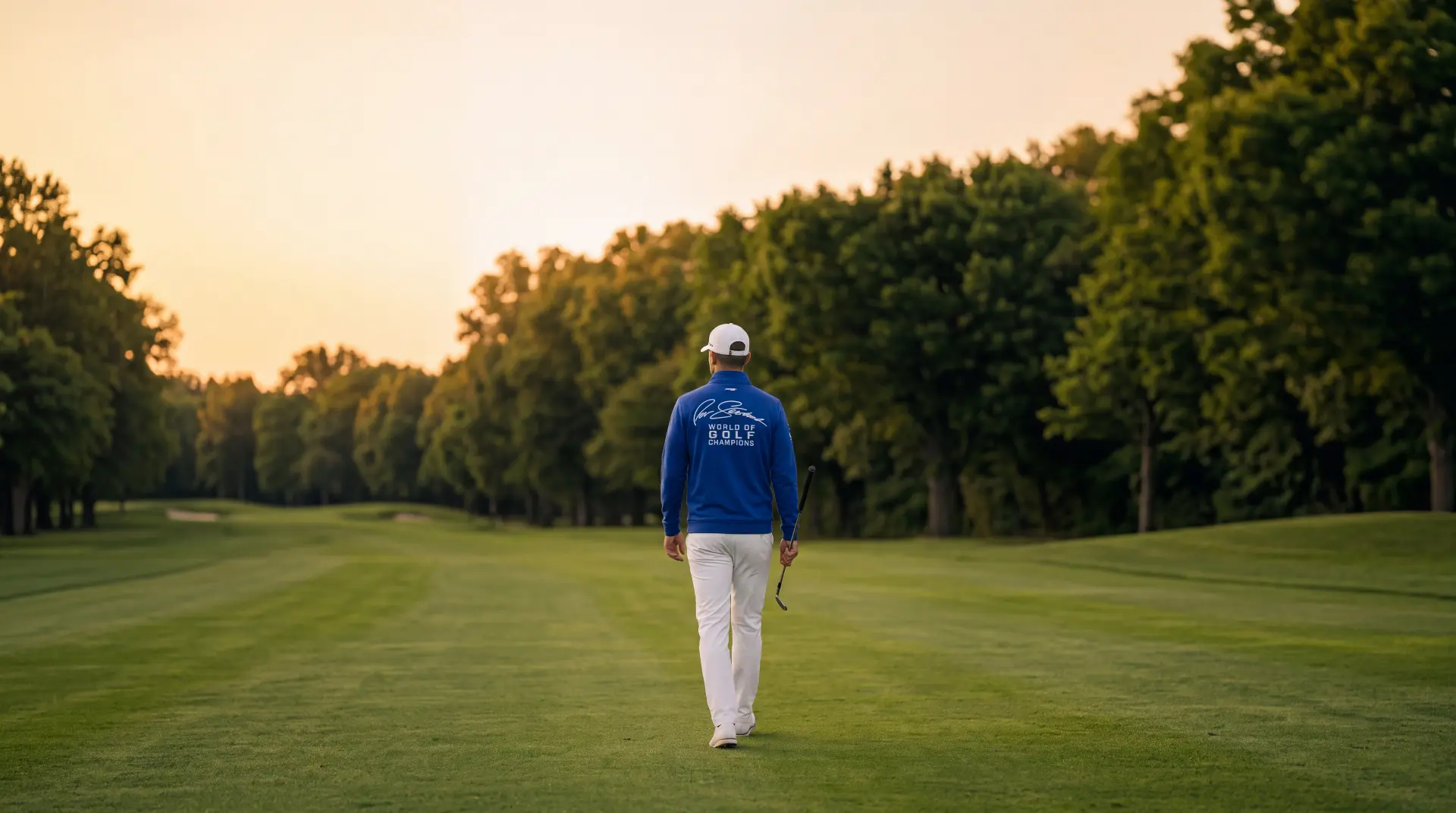 Golfer alone on a tree-lined fairway at golden hour