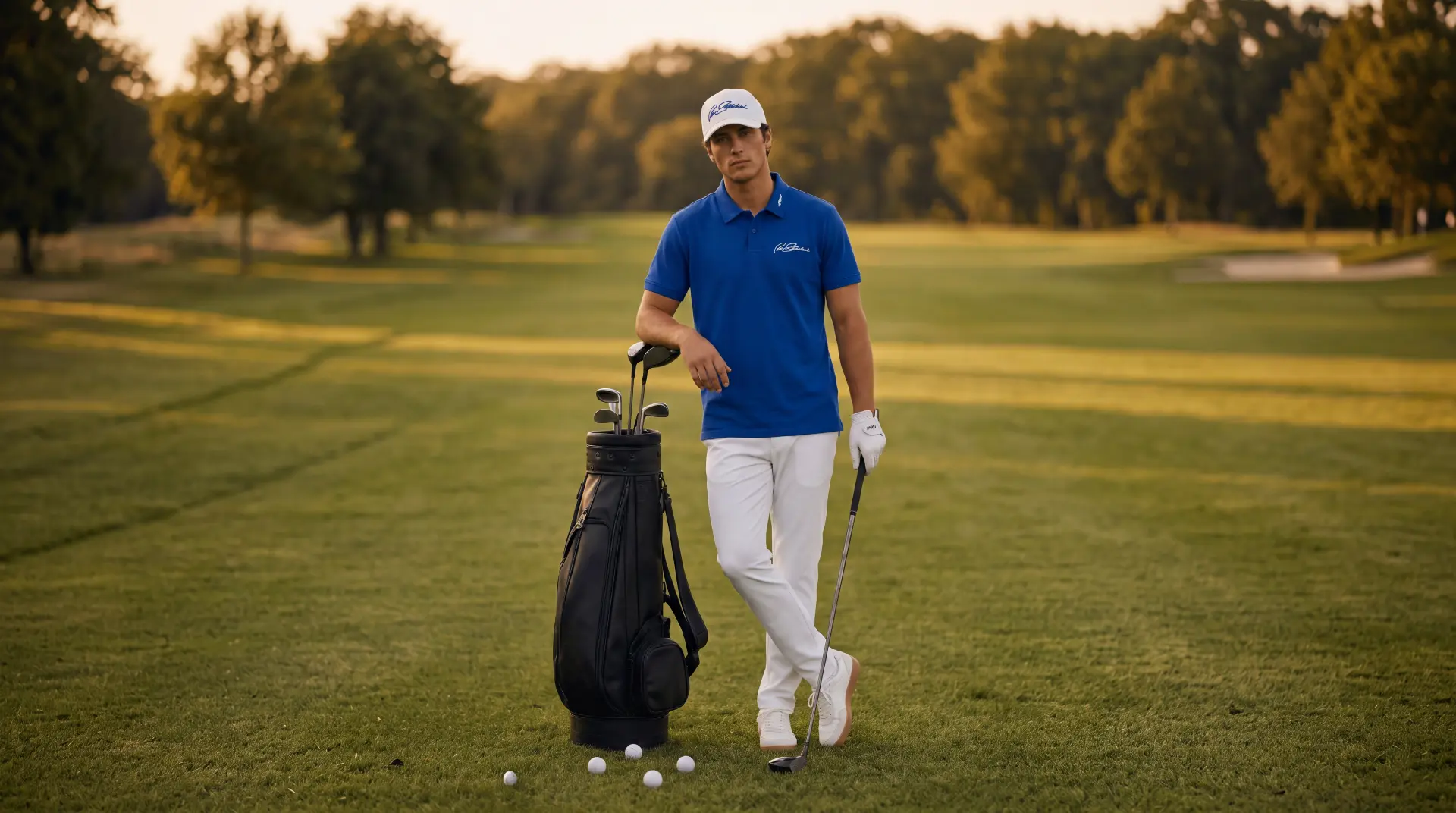 Model in the royal blue signature polo beside a golf bag