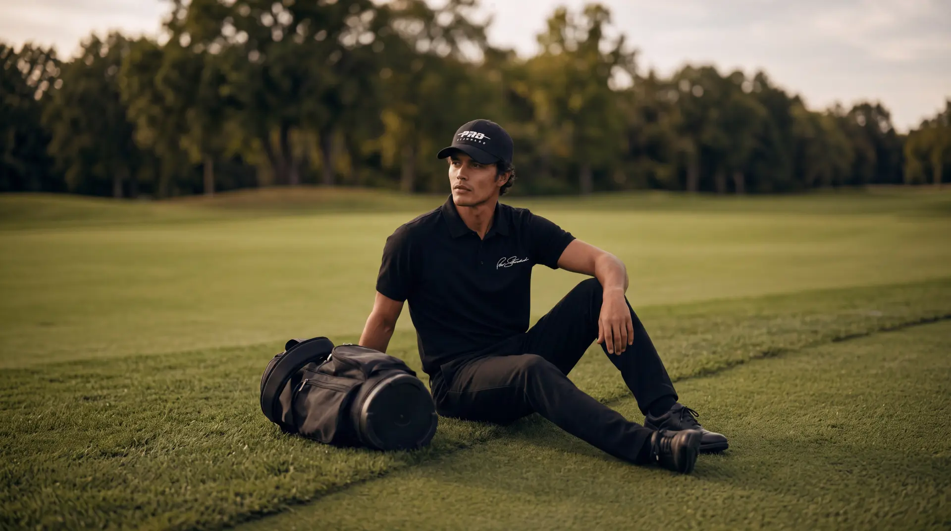 Model in the black signature polo and cap seated on the green