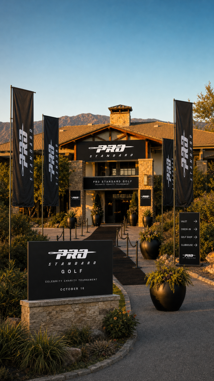 Pro Standard Golf branded clubhouse entrance at sunset