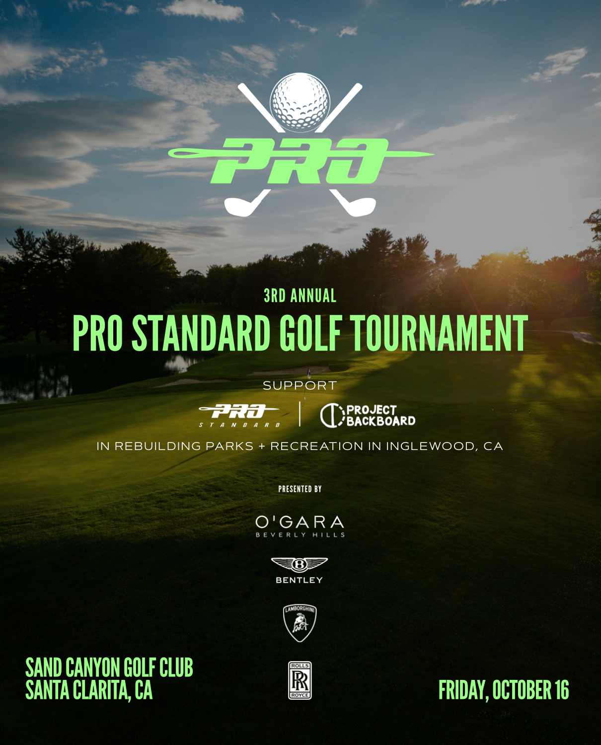 Official 3rd Annual Pro Standard Golf Tournament poster — Sand Canyon Golf Club, October 16, presented by O'Gara Beverly Hills, Bentley, Lamborghini and Rolls-Royce