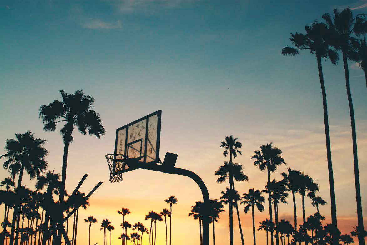 Basketball hoop silhouetted against a California sunset with palm trees