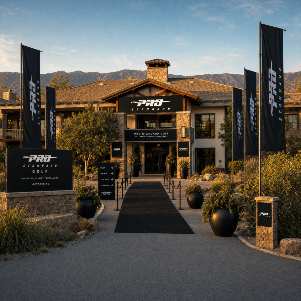 Sand Canyon clubhouse entrance dressed with Pro Standard Golf signage and black flags