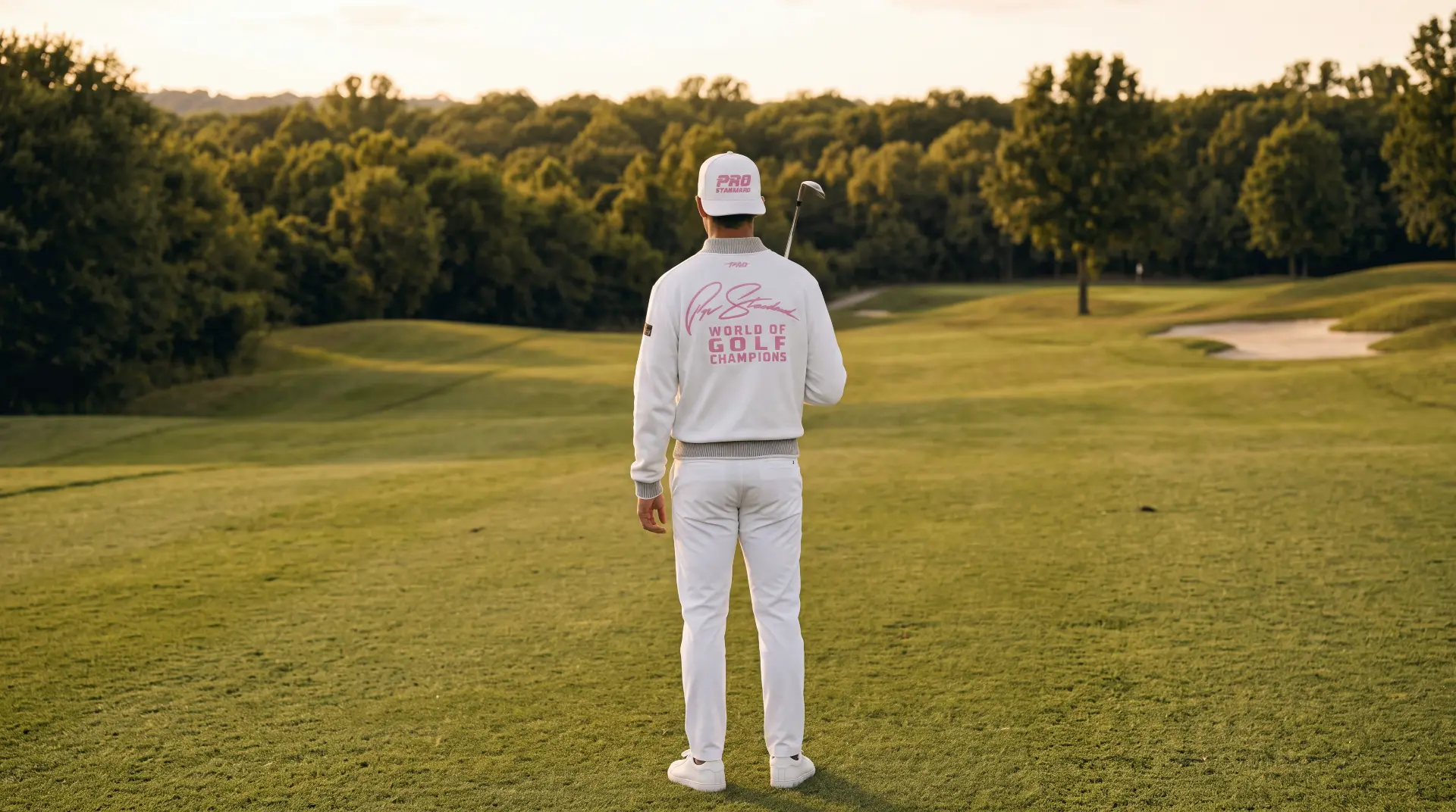 Back of the white World of Golf Champions crewneck on the fairway