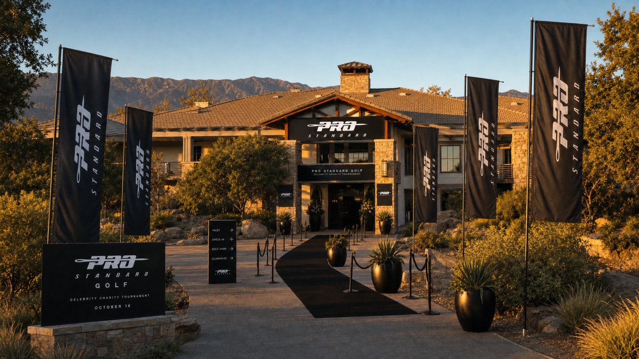 Clubhouse entrance with Pro Standard Golf flags at golden hour